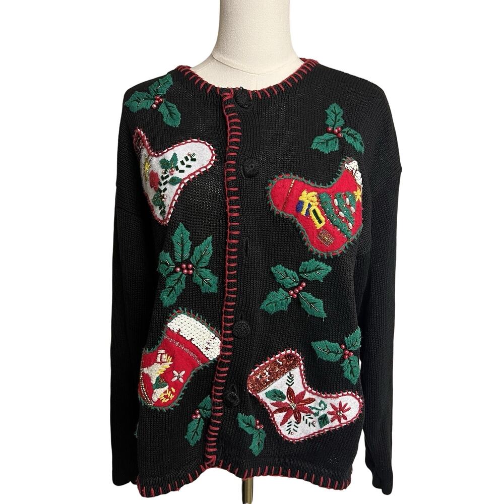Vintage Victoria Jones Christmas Sweater Med Black Stocking Holly Applique